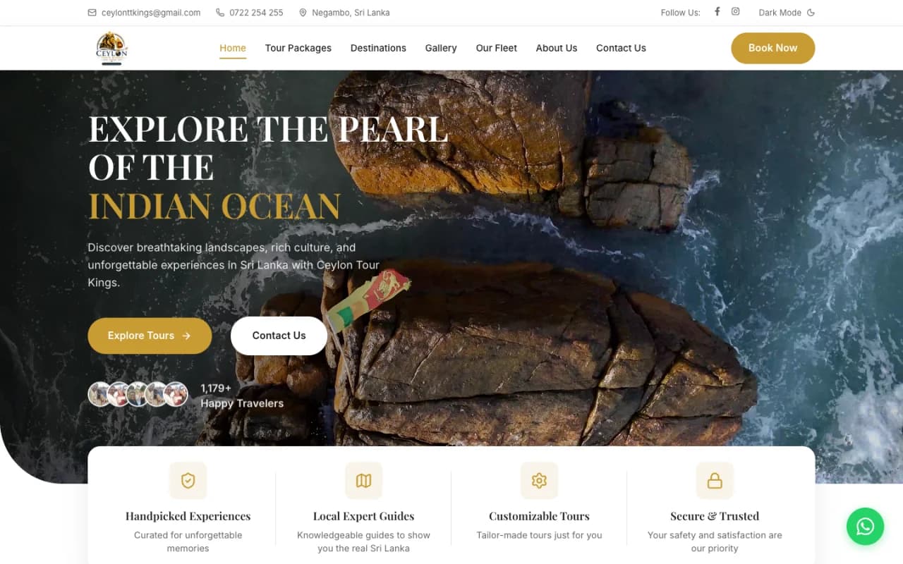 Screenshot of Ceylon Tour Kings homepage