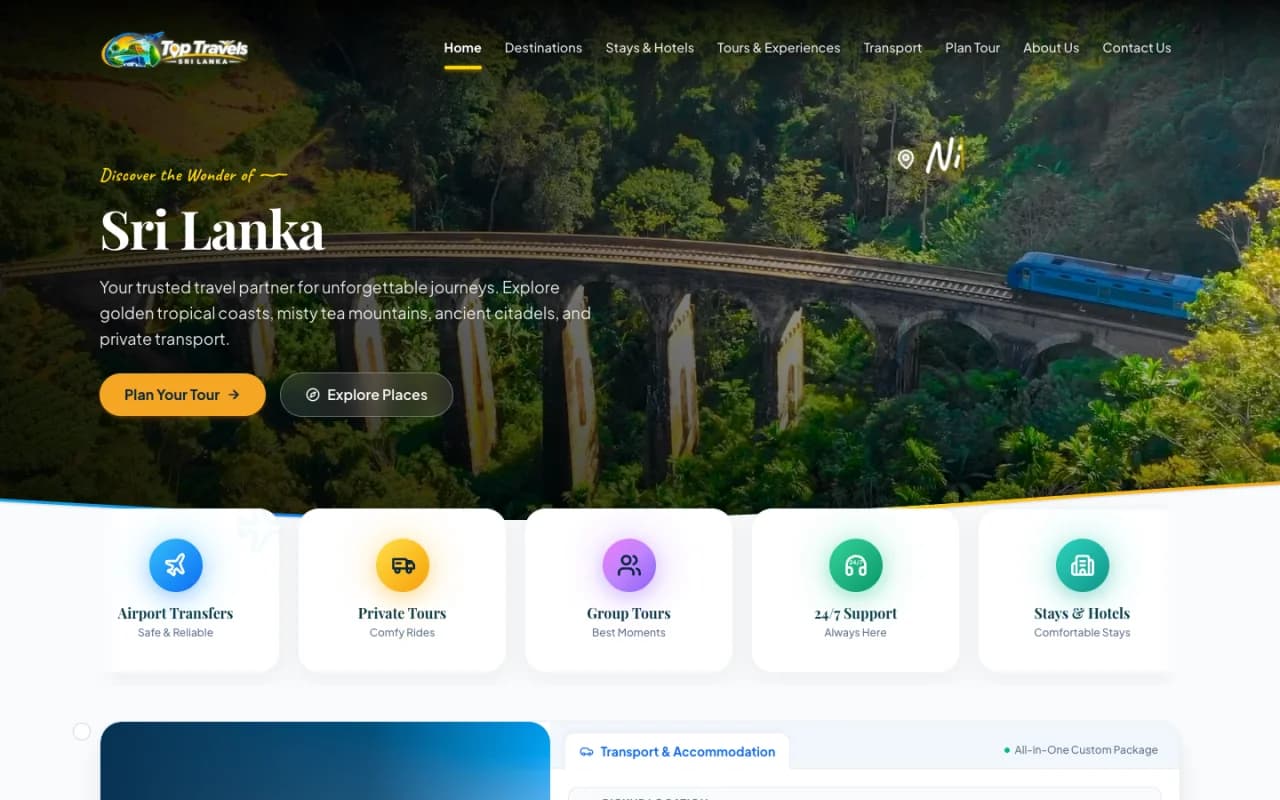 Screenshot of Top Travels Sri Lanka homepage